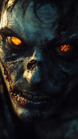 Burning-eyed zombie stares forward in eerie close-up.
