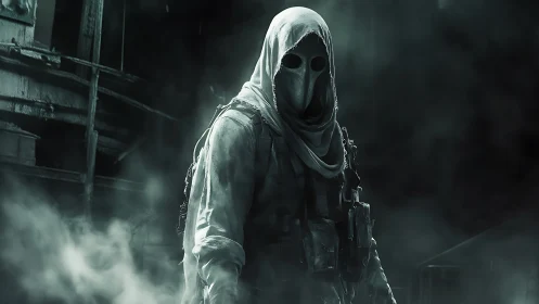 Hooded masked figure stands in fog within decayed structure