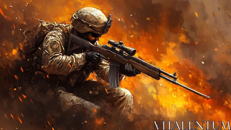 Sniper in molten firestorm pauses within a war-torn hush.