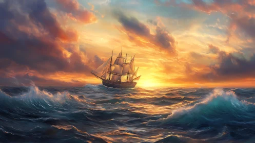 Tall ship under radiant sunset over turbulent seascape.