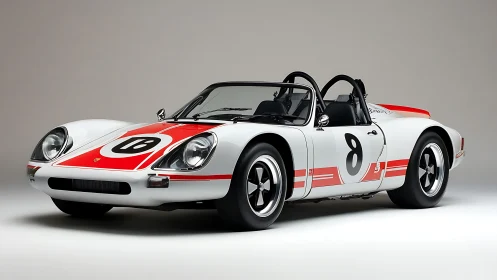 White vintage race roadster in studio with bold red livery.