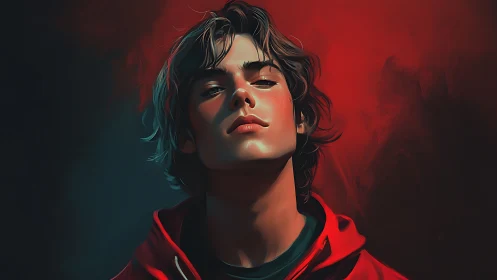 Brooding youth in red hoodie under cinematic split lighting.