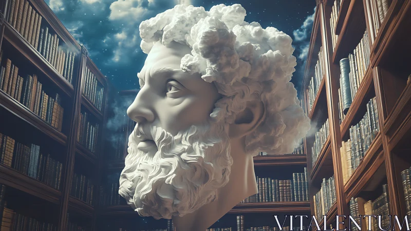 Marble bearded head sculpture amid tall library shelves.