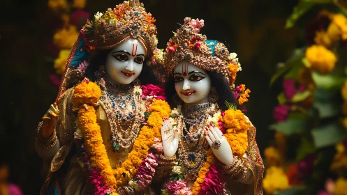 Garlanded divine duo smiling beneath marigold constellations.