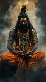 Ascetic yogi in fiery meditation with ornate sacred adornment.