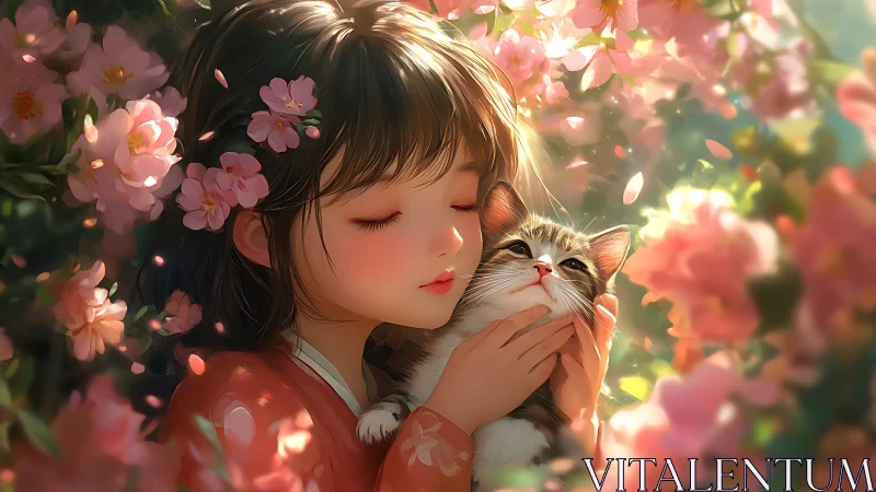 Digital painting of girl embracing kitten in floral bokeh field.