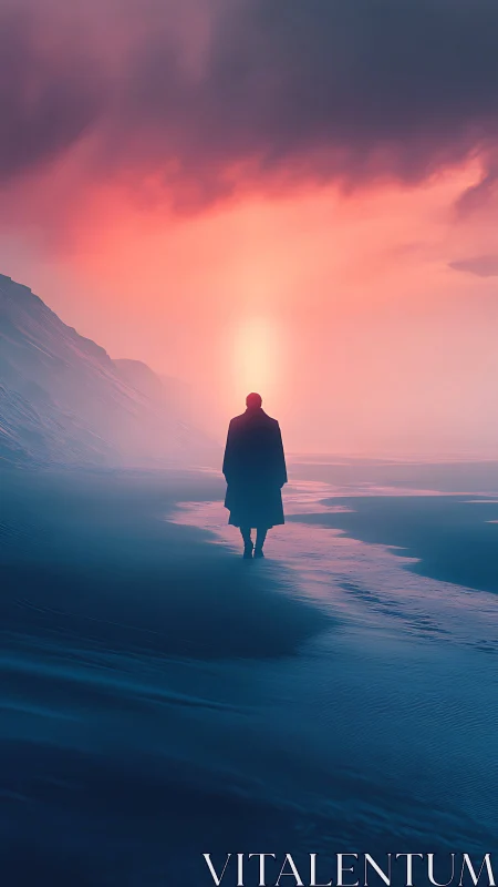 Solitary figure crossing neon-tinted shoreline at dusk.