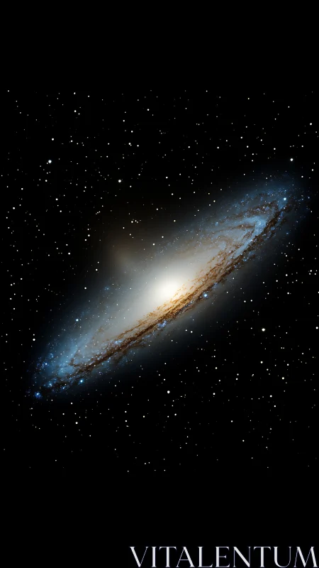 Edge-on spiral galaxy with dense stellar halo and dust lanes.