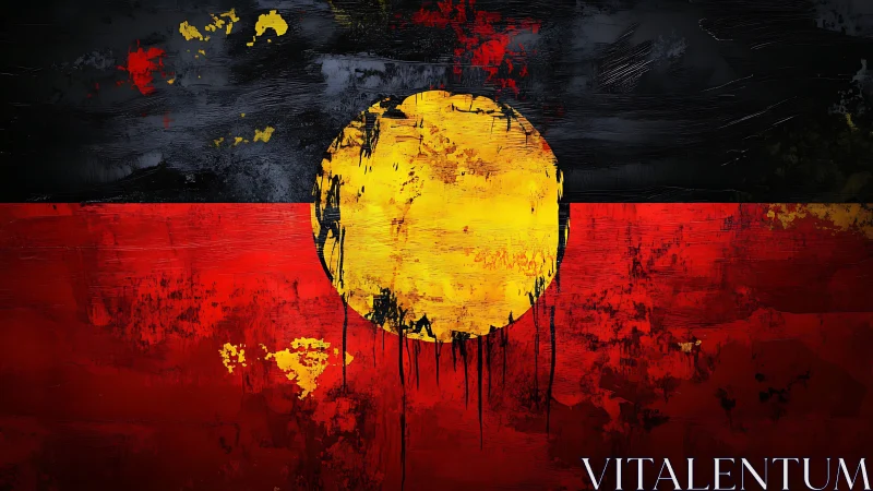 Textured tricolor field with distressed central solar disc.