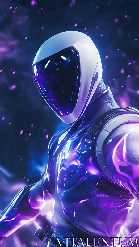 Futuristic helmeted figure in glowing purple energy field.