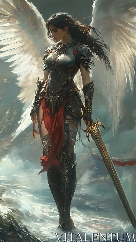 Winged armored figure stands in turbulent coastal water