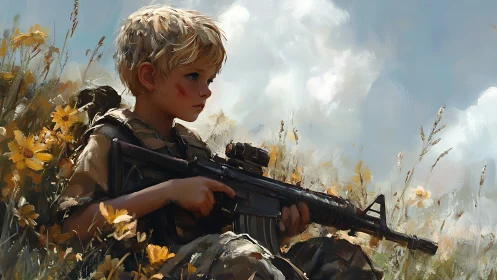 Young child resting in wildflower field with quiet resolve.