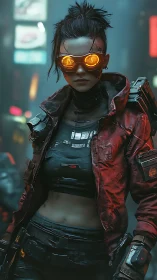 Cyberpunk femme operative with glowing visor in neon alleyway.