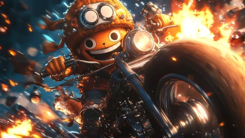 Explosive chibi rider tearing through blazing city streets.