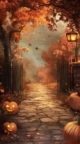 Autumn lantern path with jack o lantern pumpkins at gate.
