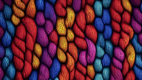 Bright multicolor braided yarn texture in tight closeup view.