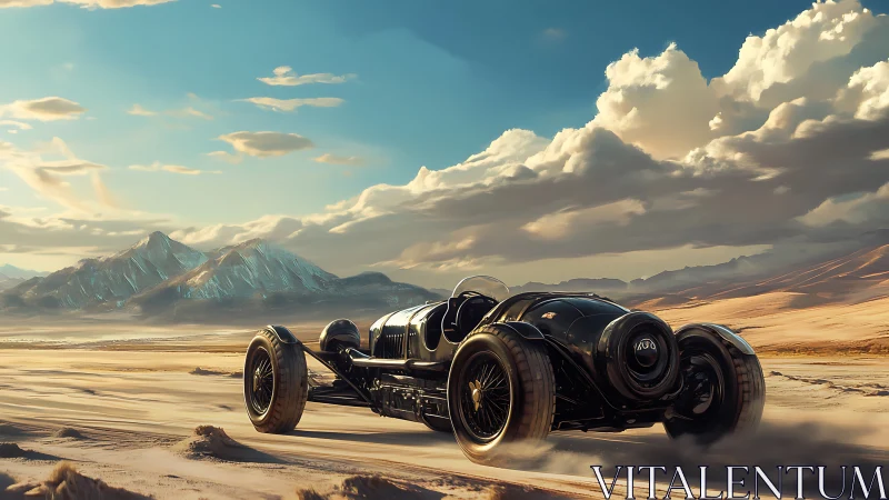 Retro-futuristic land speed racer crossing desert salt flats