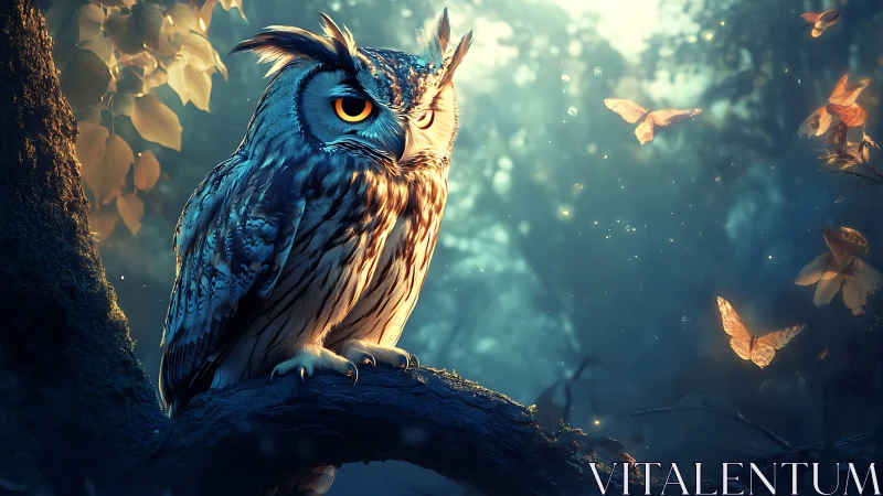Majestic owl on tree branch in magical forest with glowing butterflies.