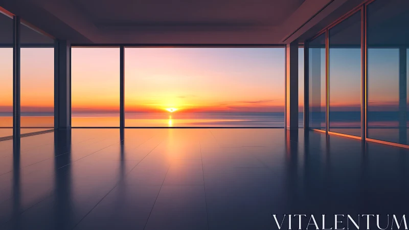 Minimalist oceanfront room with panoramic sunset view.