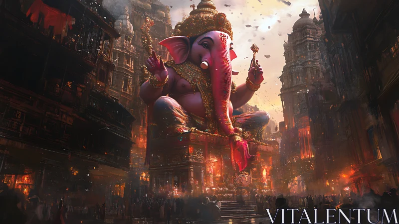 Colossal Ganesh idol illuminating a dense festival street.