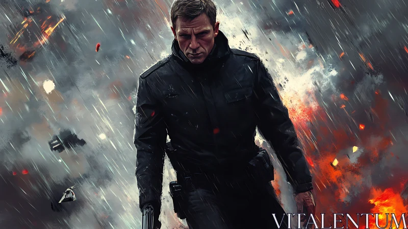 Stormlit agent walking through fire and falling embers.