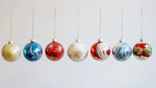 Colorful glass baubles hang in a bright minimalist setting