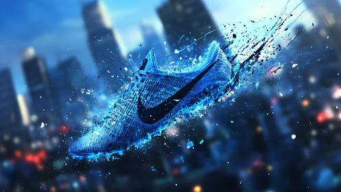Blue running shoe in motion over abstract city background.