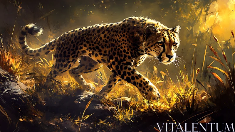 Cheetah in golden savanna under dynamic directional lighting.