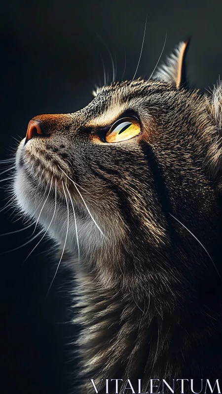 Tabby Cat Portrait with Striking Amber Eyes Against Dark Background.