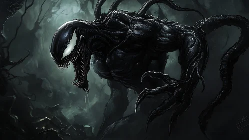 Alien symbiote creature lunges through fog-drenched forest