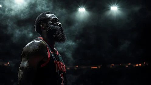 Side-lit basketball athlete under arena spotlights in dense haze