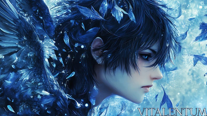 Icy blue-haired winged youth profile amid crystalline feathers