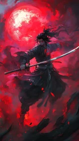 Swordmaster confronts blood-red moon in swirling scarlet storm.