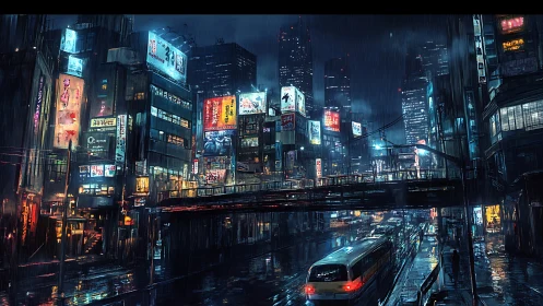 Cyberpunk elevated overpass in neon-soaked rainy megacity night.