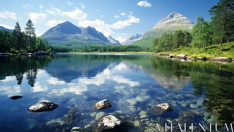 Mountain lake reflection under clear blue summer sky.