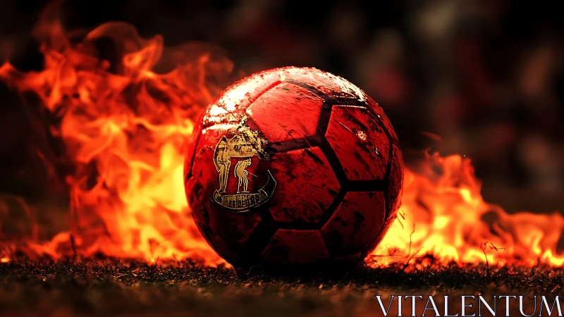 Red football lies on grass surface surrounded by controlled flames