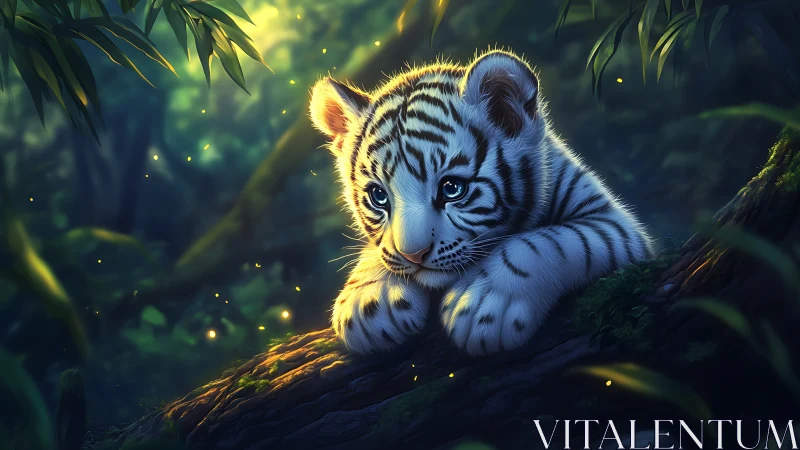 White tiger cub resting in luminous enchanted jungle scene.