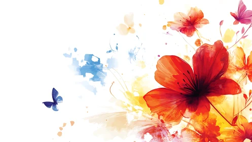 Watercolor Floral Burst. Red Blooms Dance Against White Space.