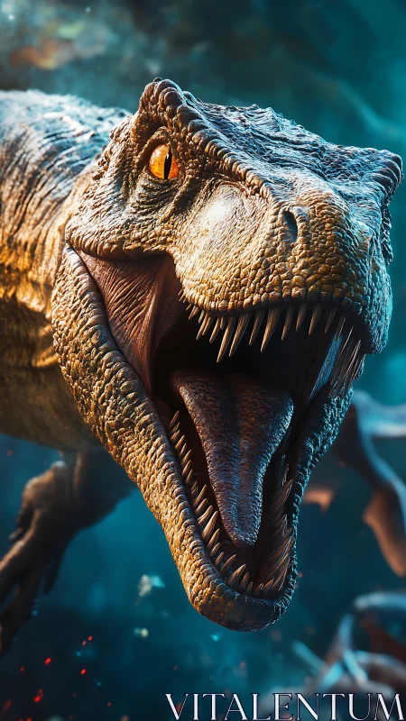 Ferocious dinosaur close-up with open jaws in motion.