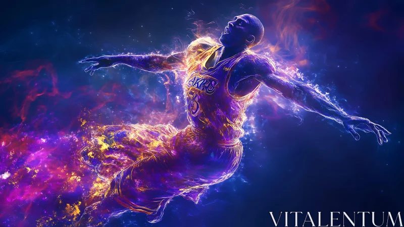 Luminous basketball icon soaring through cosmic flames.