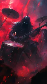 Demonic metal drummer emerges from infernal crimson haze