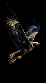 Golden eagle gliding through a starry midnight sky.