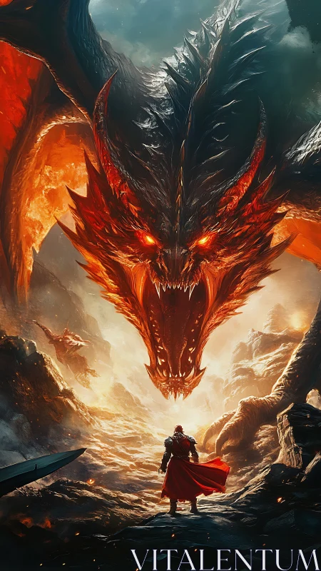 Volcanic dragon confrontation with armored warrior perspective.