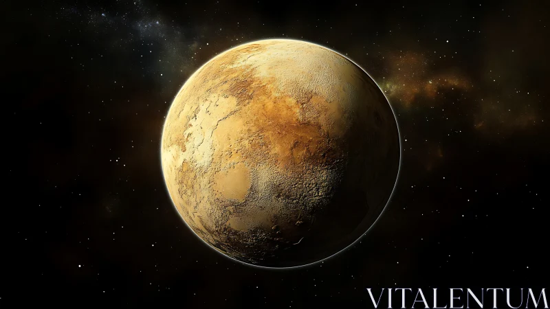 Brown rocky planet with textured surface in deep space.