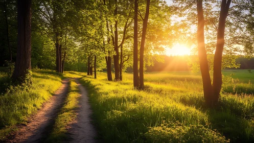 Golden sunset light spills along a tranquil forest path.