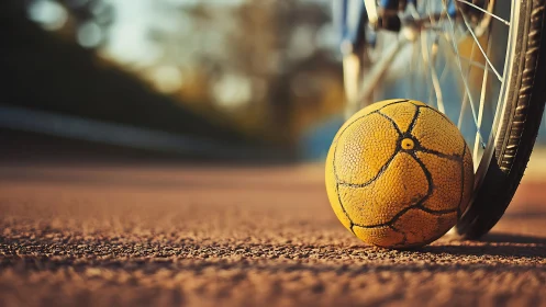 Yellow worn ball and bicycle wheel on outdoor court ground.