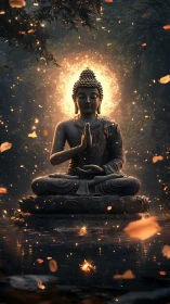 Luminous forest Buddha meditating amid drifting ember leaves.