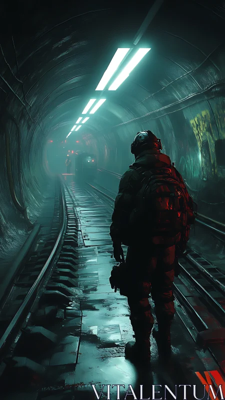 Armed figure standing on wet tracks in dim subway tunnel.