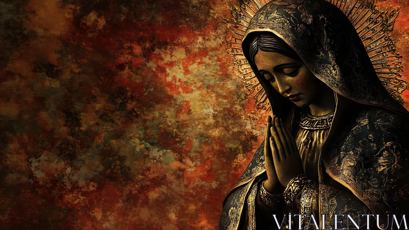 Textured digital icon of praying veiled woman with gilded halo