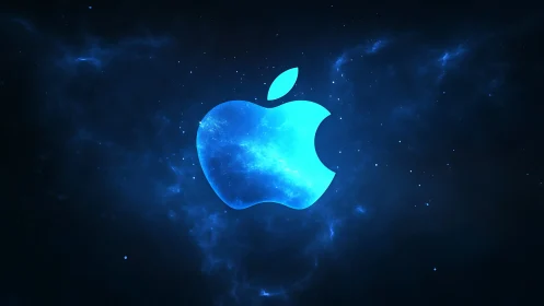 Glowing blue apple emblem floats in a deep cosmic nebula
